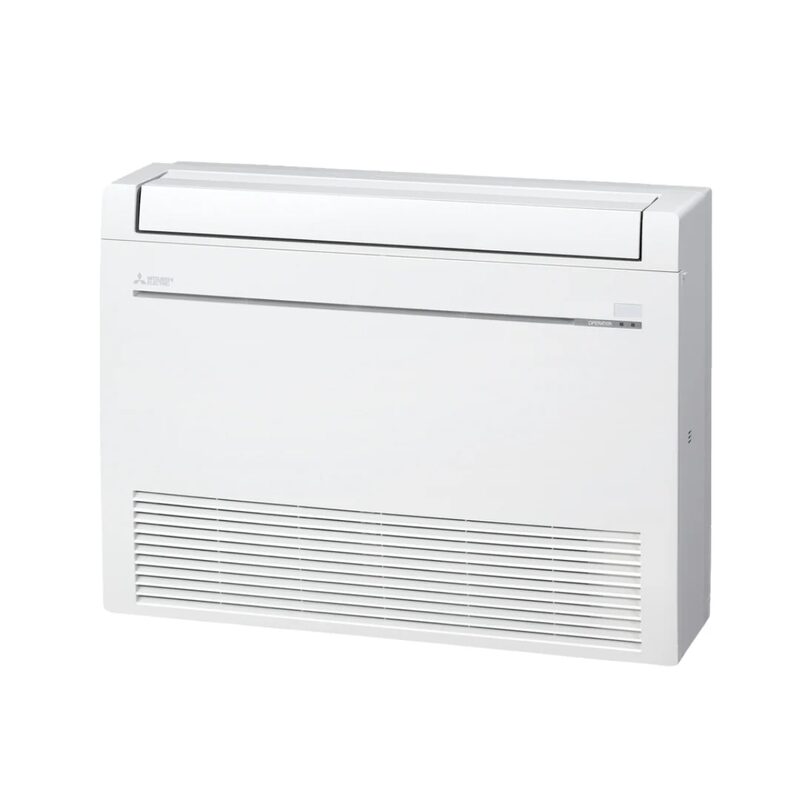 A white Mitsubishi Electric low wall-mounted air conditioning console indoor unit on a plain background