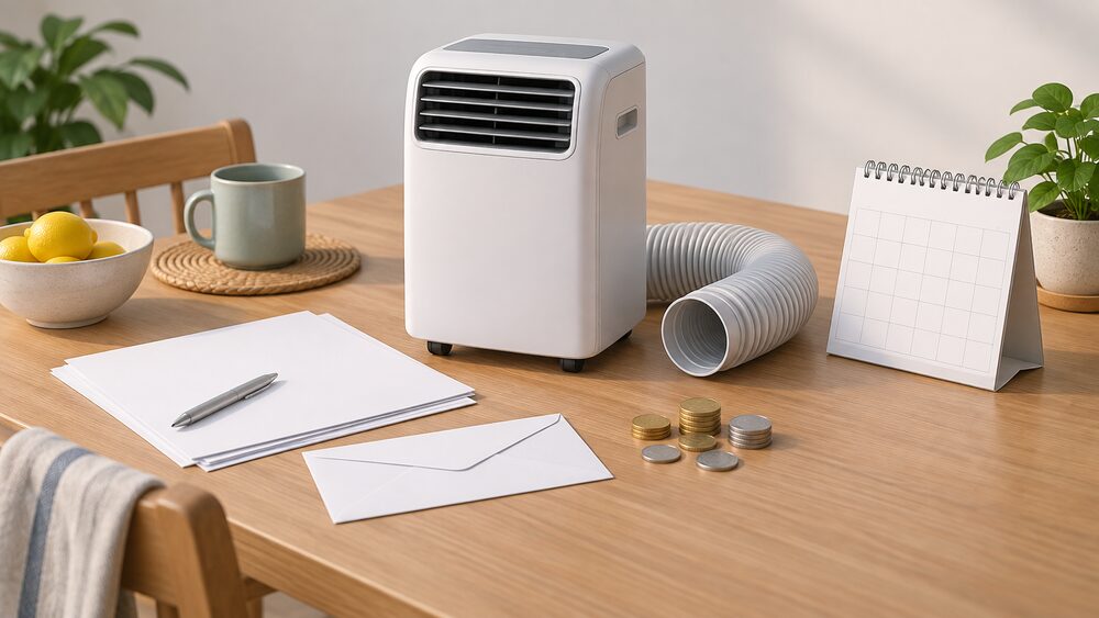 A small model of a portable air conditioner with its round vent hose coiled beside it stands on a kitchen table next to blank paperwork, a plain envelope, a few coins and a wall calendar, suggesting a household weighing up the purchase price and running cost.