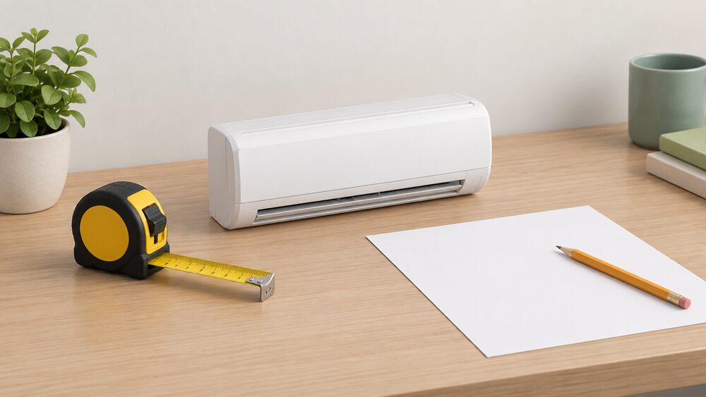 A small model of a wall-mounted air conditioner indoor unit sits on a table beside a rolled tape measure, a blank sheet of paper and a pencil, suggesting the moment of sizing a room before choosing a unit.