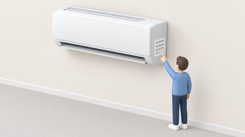 A wall-mounted indoor air conditioning unit high on a plain interior wall, with a small isometric figure standing below pointing at the specification label on the unit's side, the label shown as a plain white plate with blank line blocks where the kW and BTU figures would be.