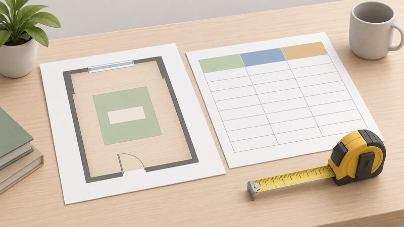 A printed sizing chart lying on a table beside a simple floor plan of a rectangular room, the plan marked with a plain area block and the chart showing rows of blank cells under plain colour bands for area, kW and BTU columns, with a tape measure resting nearby.