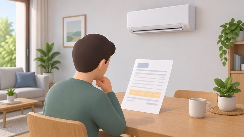 A printed installer's invoice lying on a table in a home, with blank lines for items and a highlighted VAT line shown as a plain colour band, beside a wall-mounted air conditioning unit, with a simplified figure of a householder reviewing it.