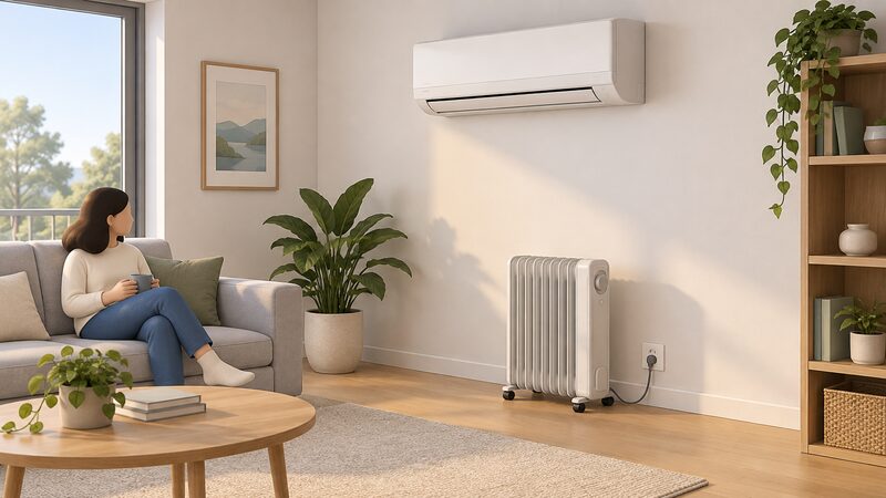 A living room corner with a wall-mounted reverse-cycle air conditioner high on the wall above a freestanding oil-filled electric radiator standing on the floor nearby, both shown side by side in the same room.