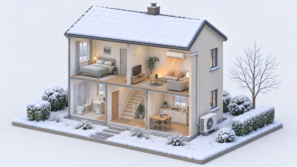 A cutaway house in winter showing a reverse-cycle air conditioner: its slim indoor unit high on the living room wall, connected through the external wall to a fan unit standing outside, warming the room with heat drawn from the cold outdoor air.
