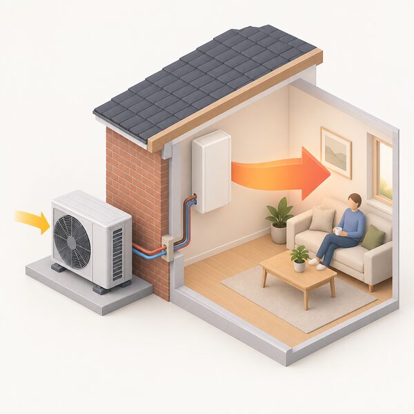 A cutaway isometric view of an air source heat pump: an outdoor unit connected through a wall to an indoor unit, with a wide arrow of electricity entering the outdoor unit and a wider arrow of heat flowing from the indoor unit into the room, showing output greater than input.