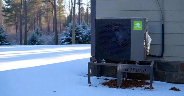 A Mycond air source heat pump unit installed on a metal stand outside a house in a snowy garden
