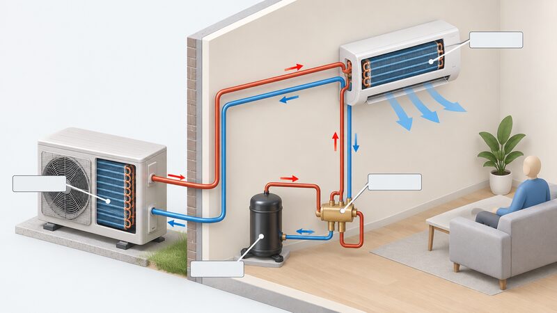 A labelled cutaway diagram of a split reverse-cycle refrigerant circuit, showing the compressor and reversing valve connected by pipework to an indoor coil on a wall inside a room and an outdoor coil in an outdoor unit on an outside wall, with arrows indicating refrigerant flow.