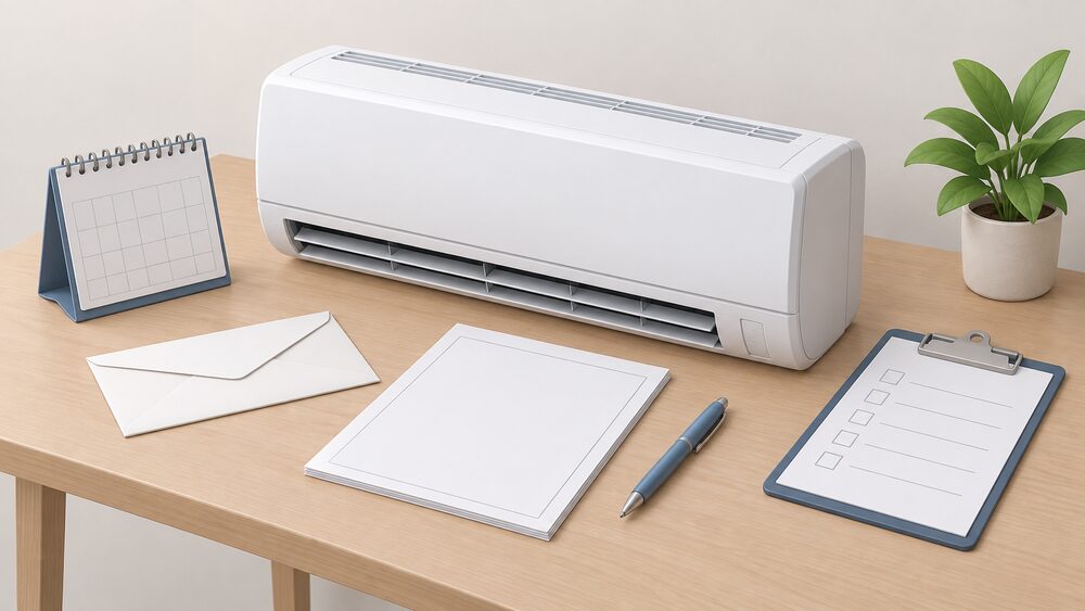 A small wall-mounted air conditioning indoor unit sits on a table beside blank warranty paperwork, a sealed envelope, a calendar and a pen, with a service engineer's clipboard resting nearby.