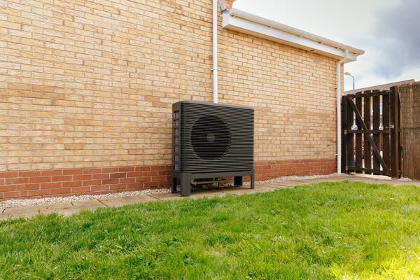 A dark grey air source heat pump unit installed outside a brick house on a gravel strip beside a lawn