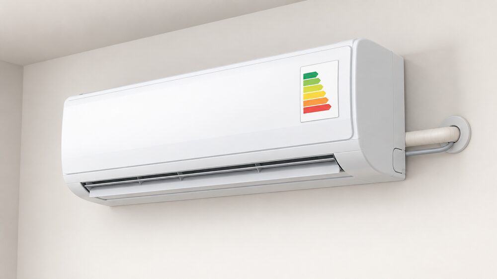 A close-up of a white high-wall split air conditioning indoor unit mounted on an interior wall, with a blank energy efficiency label sticker fixed to its front panel, and the connecting refrigerant pipe and condensate line leaving through the wall behind it.