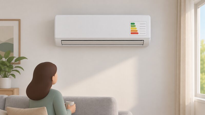 A wall-mounted indoor air conditioning unit on a plain interior wall with an energy label fixed flat to its casing, the label shown as a plain colour-banded sticker with blank lines and no readable text, drawn as a simple interior scene.