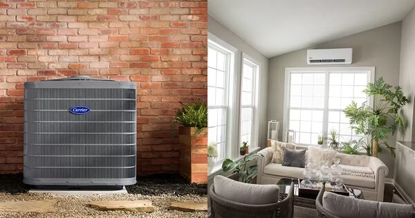 A split image comparing a Carrier outdoor heat pump unit against a brick wall and a wall-mounted mini split indoor unit in a living room
