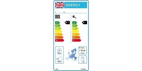 UK energy efficiency label for a heat pump showing heating, hot water and noise ratings