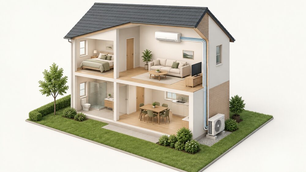 A cutaway house showing a wall-mounted split air conditioning indoor unit high on a living room wall, connected by refrigerant pipework through the external wall to an outdoor fan unit standing on the ground outside, the same hardware that heats in winter and cools in summer.