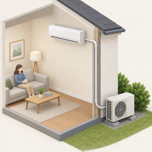 A cutaway view of a house wall showing a fixed split system: an indoor unit mounted high on the interior wall of a living room, connected through the wall to an outdoor unit standing on the ground outside, with the connecting pipework visible between them.
