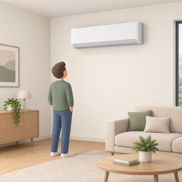 A plain living room wall with a fixed wall-mounted indoor split-system unit drawn high on the wall in its wide, slim proportions, with a small simplified figure looking up at it and the refrigerant pipe and condensate run disappearing into the wall behind the unit.