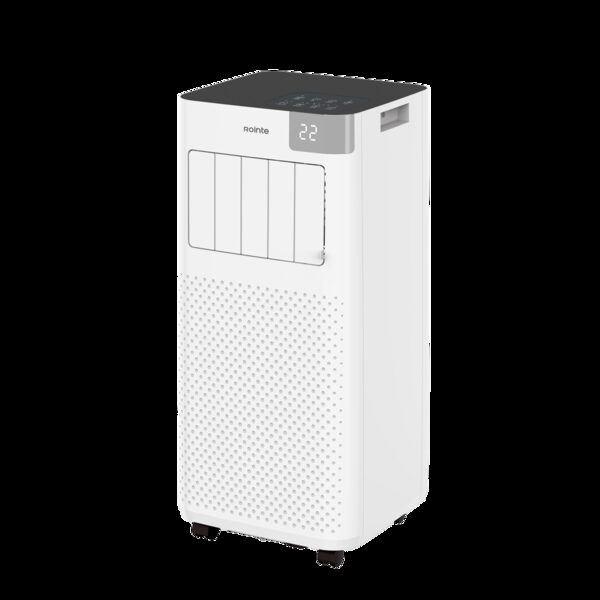 A white Rointe portable air conditioner unit on castors against a plain background