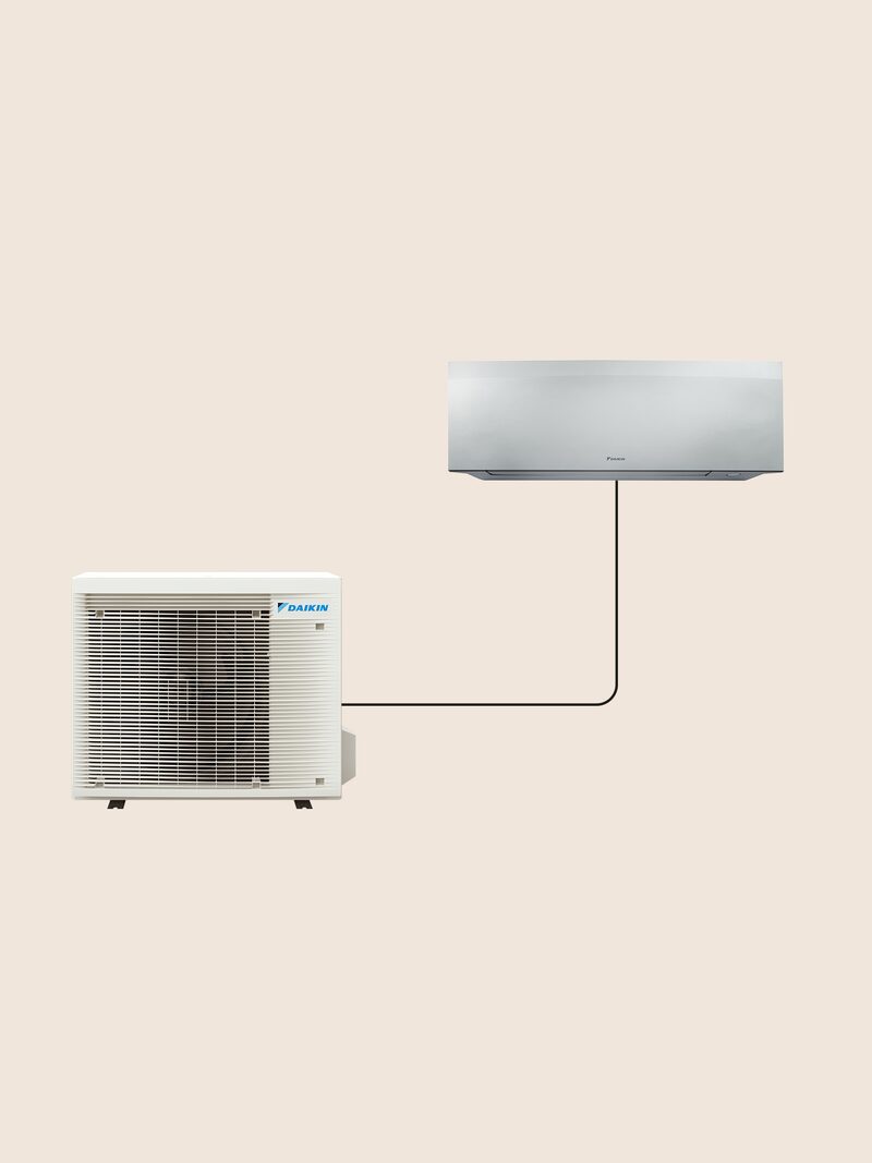 A Daikin air conditioning pair system shown as a wall-mounted indoor unit connected to an outdoor condenser unit on a plain beige background