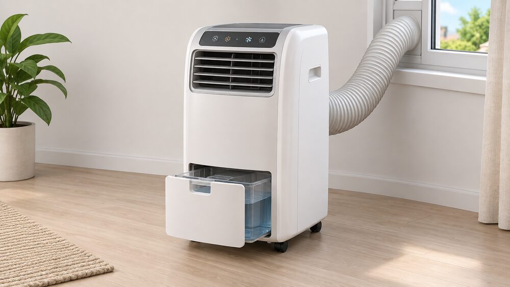 A portable air conditioner cabinet standing in a room, its pull-out water tank partly drawn out at the base with collected water visible inside, and its exhaust hose running from the back toward a window opening.