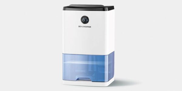 A white dehumidifier with a blue water tank and digital display on a plain background