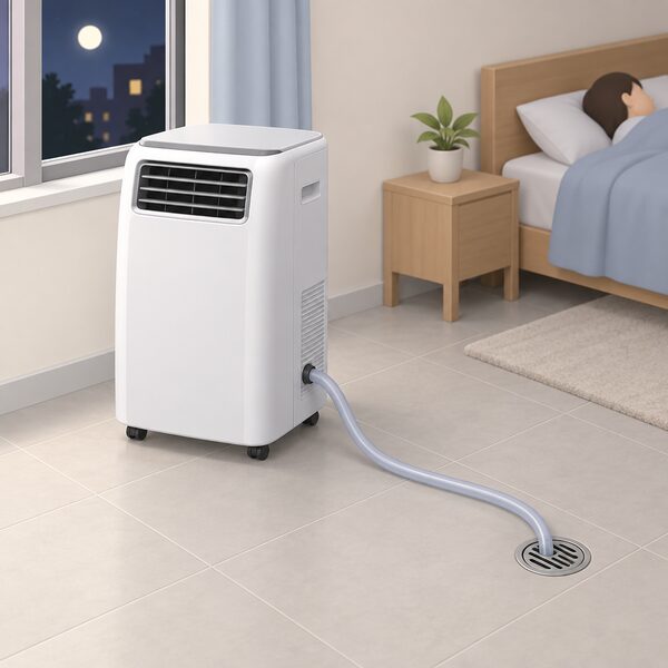 A portable air conditioner standing on the floor of a room near a window, with a drain hose fitted to its condensate drain port and running across the floor to a floor-level drain, showing the drainage arrangement that lets dry mode run unattended overnight.