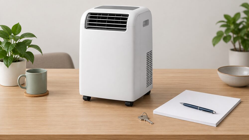 A wheeled portable air conditioning unit stands on a tabletop beside blank paperwork, a pen and a small house key, suggesting a household choosing and buying a cooling unit to carry home.