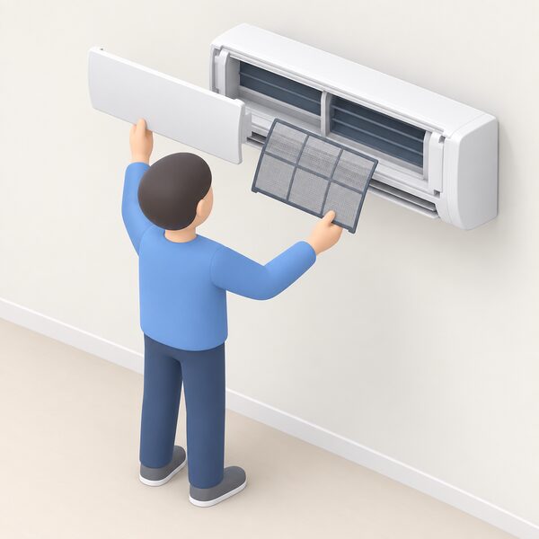 A simplified isometric figure slides the plastic front panel off a wall-mounted indoor split unit and lifts out the flat mesh air filter, holding it clear of the open unit for cleaning.