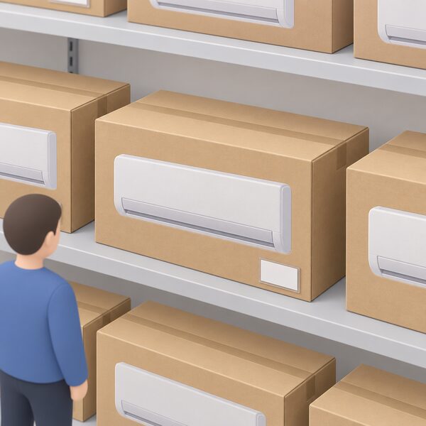 A plain showroom shelf holding a sealed cardboard box printed with a simple picture of a wall-mounted air conditioning indoor unit, with a small blank white price label on the box front and other similar boxed units lined up along the shelf beside it.