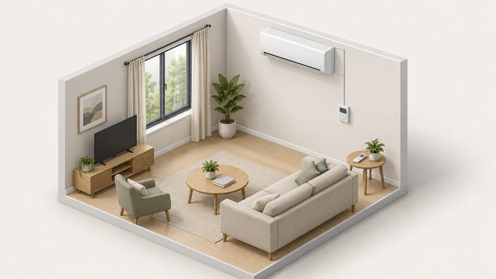 A wall-mounted air conditioning indoor unit high on a living room wall, with an infrared handset resting on a side table pointing toward it and a wired wall controller panel mounted lower on the same wall, its cable running up behind the plaster to the unit.