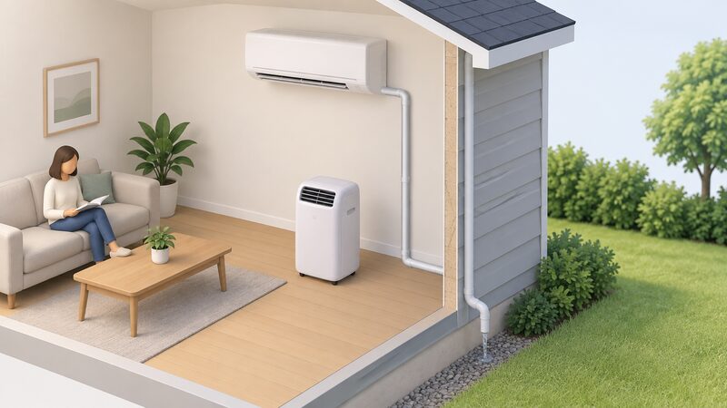 A cutaway interior-exterior view showing a wall-mounted split indoor unit with a condensate drain pipe running down from it, through the wall, and discharging outside, alongside a portable unit standing free with no hose attached.