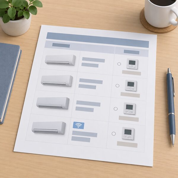 A printed specification sheet lying on a table, its page showing rows of model names with option listings where wired remote controllers appear as optional accessories and one row marked with a Wi-Fi suffix, content shown only as blank lines and plain blocks.