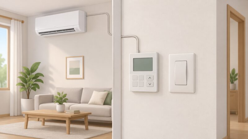A plain wall-mounted wired air conditioning controller panel fixed beside a light switch on an interior wall, with a thin cable running from behind the panel into the wall toward the indoor unit, no battery compartment or wireless elements shown.