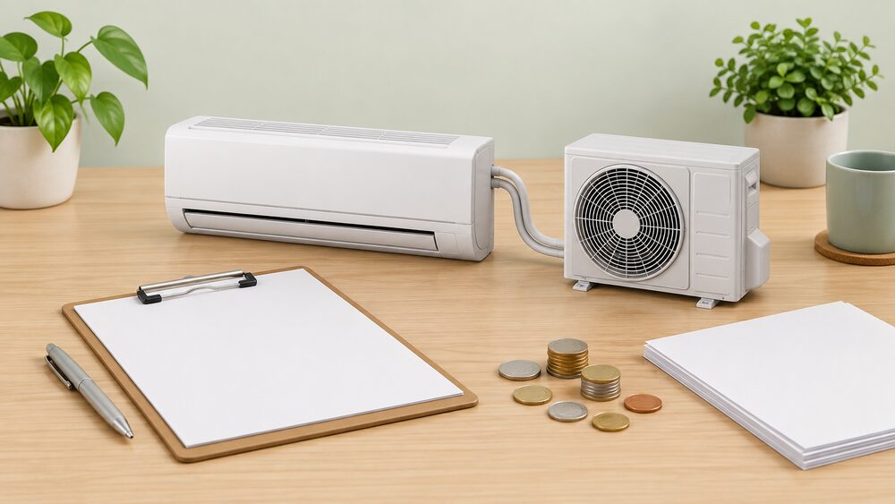 A small model of a wall-mounted indoor air conditioning unit beside a small model of an outdoor fan unit, joined by a short curved pipe, arranged on a table with blank paperwork, a clipboard and a scatter of coins.