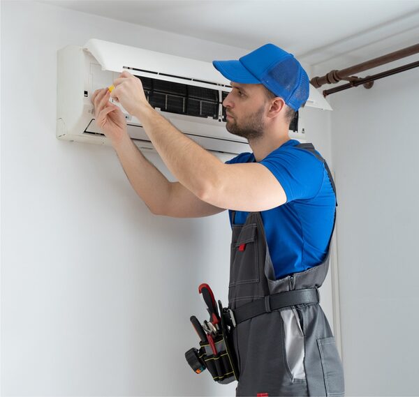 A technician in blue overalls and cap installing a wall-mounted split air conditioning indoor unit