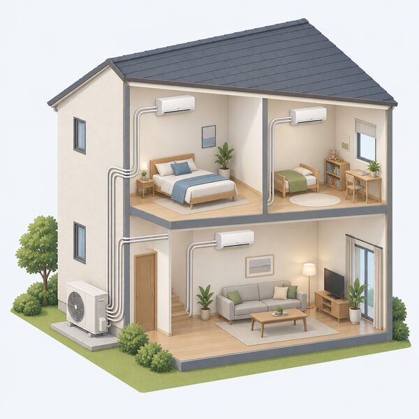 A cutaway two-storey house with one outdoor air conditioning unit on the rear wall, each pipe run climbing inside the wall to a separate high-level indoor unit in a different room on each floor.