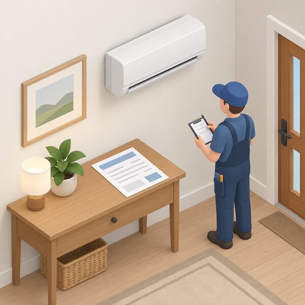 A printed installation quote document lying on a domestic hallway table beside a wall-mounted indoor air conditioning unit, its lines and price blocks left blank, with a small isometric installer figure standing by the unit holding a clipboard.