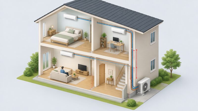 A cutaway isometric house with small wall-mounted indoor air conditioning units in three rooms, each connected by refrigerant pipework running along walls and down through the house to a single outdoor unit beside the exterior wall, with a measuring line along one pipe run.