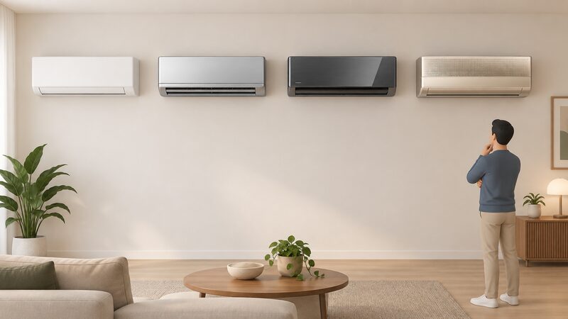 Four wall-mounted air conditioning indoor units shown side by side on a plain interior wall, ranging from a plain basic white unit to premium models with glossier finishes, visible air-purification grilles and more refined control panels, to show how finish and features differ across price levels.