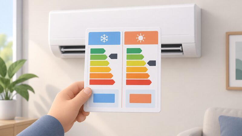 A close-up of an air conditioner energy label held in front of an indoor wall-mounted unit, the label showing separate cooling and heating class scales with arrows and plain blocks for the SEER and SCOP seasonal figures, all content as blank bands with no readable words or numbers.