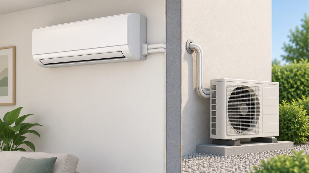 A wall-mounted split air conditioner indoor unit shown close up on an interior wall, with the paired outdoor fan unit on the other side of the same external wall and the refrigerant pipework passing between them through the wall.
