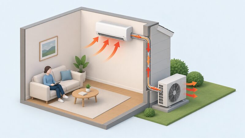 A cutaway room wall with a split air conditioner indoor unit high on it, refrigerant pipework running through the wall to an outdoor unit on the ground outside, with arrows showing heat flowing from the room into the indoor unit, along the pipes and out at the outdoor unit.
