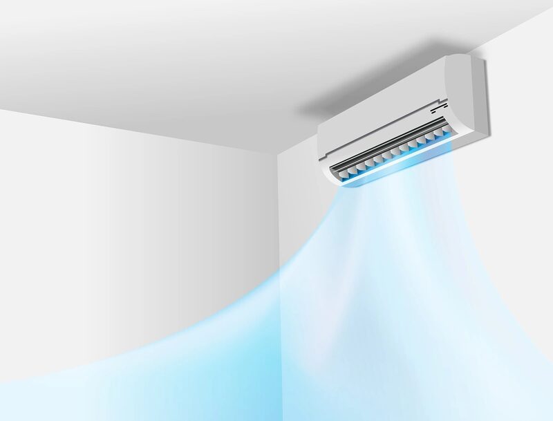 A wall-mounted air conditioning unit blowing cool air, shown as an illustration