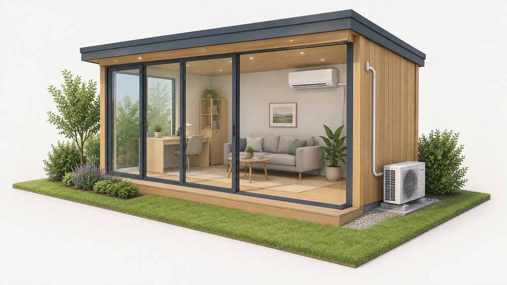 A cutaway view of a small timber garden room with lots of glazing, showing a wall-mounted split air conditioning indoor unit high on an inside wall, an outdoor condenser unit standing on the ground outside, and the refrigerant pipe connecting the two through the wall.