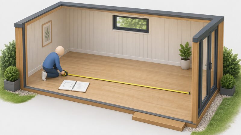 A tape measure stretched across the timber floor of a garden room, held at one end by a simplified figure, with an open notebook on the floor beside them showing a plain sketch of the room rectangle and blank lines for the length-times-width working.