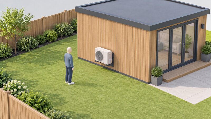A small isometric outdoor air conditioning condenser unit fixed on a low bracket against the external wall of a timber garden room, with generous clear space around it and the garden boundary fence set well over a metre away, a simplified figure standing nearby for scale.