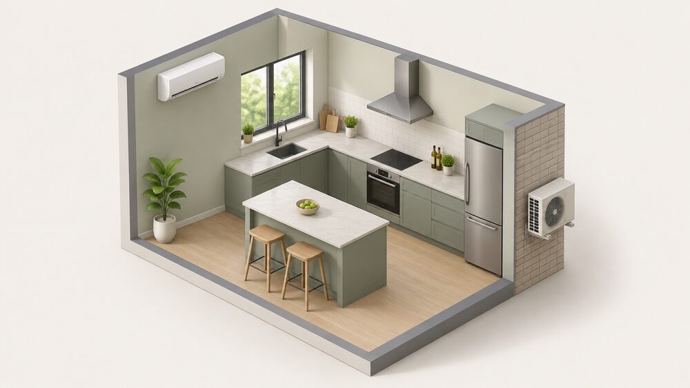 A kitchen interior with a wall-mounted split air conditioning indoor unit fixed high on a side wall away from the hob, an extractor fan above the hob, and the matching outdoor unit visible through the external wall with clear space around it.