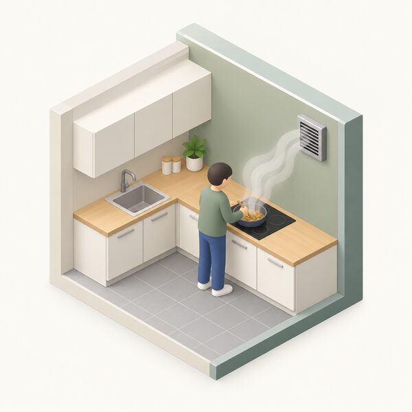 A kitchen scene with an extractor fan set into an exterior wall above a hob, steam rising from a pan on the hob and being drawn toward the fan, with a small isometric figure stirring the pan while cooking.