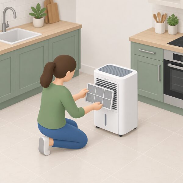 A small isometric figure kneels beside a refrigerant dehumidifier standing on a kitchen floor, sliding its front filter out of the casing for cleaning, with the unit placed clear of surrounding worktops so it stays accessible for maintenance.