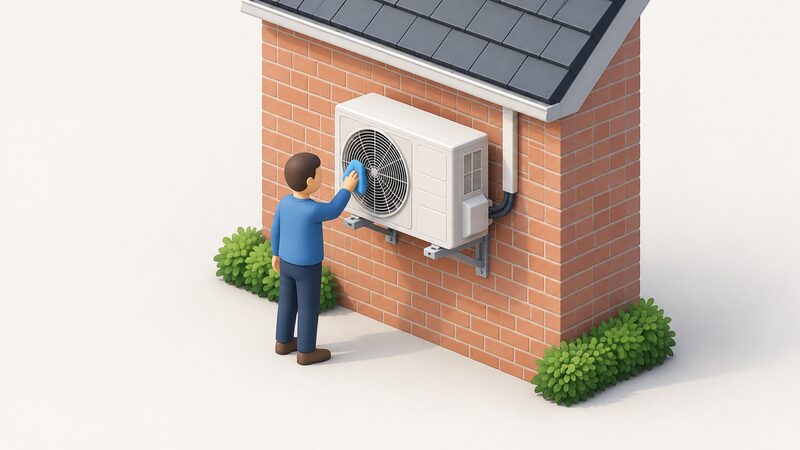 An outdoor air conditioning unit mounted on a wall bracket against a house's external brick wall, with generous clear space on all sides and a small isometric figure standing beside it with a cloth, reaching to clean it.
