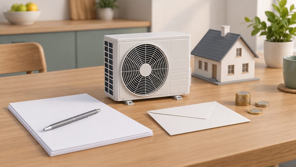 A small model of an air-to-air heat pump outdoor fan unit stands on a kitchen table beside blank application paperwork, a blank voucher envelope and a few coins, with a small house model behind them.